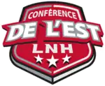 Logo de l'association de l'Est représentant un écusson rouge sur lequel est inscrit Conférence de l'Est LNH et 3 étoiles