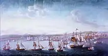 Au premier plan, sur toute la largeur du tableau, figurent plusieurs navires de guerre menés, sur la droite, par un navire plus imposant que les autres. Ces navires font feu sur une ville, sur un plan légèrement plus en retrait tandis que les deux-tiers supérieurs du tableau sont occupés par le ciel.