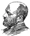 Gravure à la plume. Visage de profil, carré, traits saillants, 45-50 ans, front dégarni, barbe taillée fournie