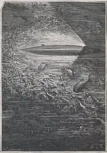 Sous-marin immergé dans la mer, nombreux poissons.