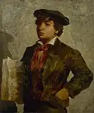 Portrait à l'huile d'un jeune garçon afro-américain portant un chapeau de journaliste et un journal dans la main droite.