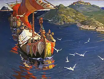Riourik dans un tableau intitulé « Les visiteurs d'outre-mer ».