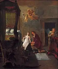 Scène du Livre de Tobie, où Tobie et Sarah prient l'ange Gabriel de chasser le démon.