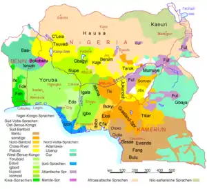 Distribution des grands ensembles linguistiques autour du Golfe de Guinée.