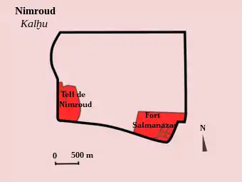 Kalkhu (Nimroud) au VIIIe&nbsp;siècle : centre politico-religieux sur le tell de Nimroud, et arsenal, le « Fort Salmanazar » (tell ʿAzar), surplombant la ville basse qui s'étend au nord.