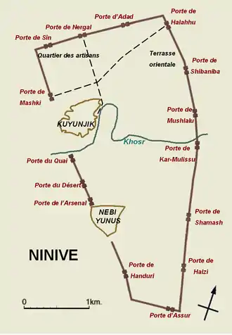 Ninive au VIIe&nbsp;siècle&nbsp;av. J.-C. : centre politico-religieux sur le tell de Quyunjik, arsenal sur le tell Nebi Yunus.