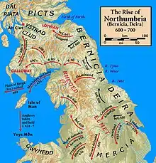 Carte de Northumbrie au 7e siècle.