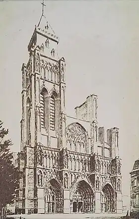 Gravure de la cathédrale Notre-Dame-en-Cité d'Arras au XVIIIe siècle avant sa destruction.