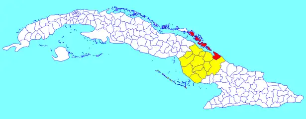 Municipalité de Nuevitas dans la province de Las Tunas (la municipalité inclut seulement cayo Sabinal&nbsp;(en) et cayo Guajaba&nbsp;(en), les deux plus à l'est en rouge)