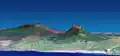 Image radar tridimensionnelle avec exagération verticale d'un facteur de 1,5 du Nyamuragira à gauche et du Nyiragongo à droite vus depuis le sud.