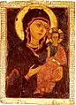 Les polés sont entièrement remplis de texte du XVe&nbsp;siècle. L'icône date du  XIIIe&nbsp;siècle. Icône de Marie (mère de Jésus) de type Odigitria. Galerie Tretiakov.