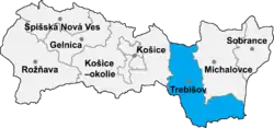 Localisation du distrct de Trebišov dans la région de Košice (carte interactive)