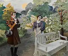 Un homme en habit de voyage et une jeune fille mélancolique debout dans un parc luxuriant