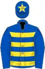 Cerclée bleu roy et jaune, manches bleu roy, toque bleu roy une étoile jaune