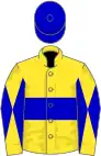 Yellow, blue hoop, diabolo on sleeves, blue cap