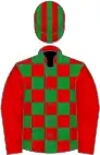 Red and green checked, red sleeves, striped cap