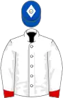 White, red halved sleeves, royal blue cap, white diamond