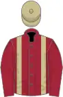 Maroon, beige braces, beige cap