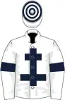 White, dark blue cross of lorraine and armlets, hooped cap