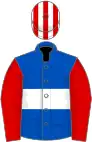 Royal blue, white hoop, red sleeves, white and red striped cap