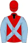 Red, light blue cross belts, light blue sleeves, red cap