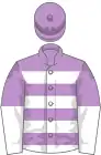 Cerclée mauve et blanche, manches mi-mauves mi-blanches, toque mauve
