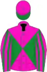 Diabolo rose fuchsia et vert, manches rayées du même toque rose fuchsia, sa visière verte