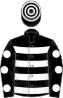 Cerclée noir et blanc, manches noires à pois blancs, toque cerclée noir et blanc