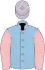Bleu clair manches roses, toque échiquetée du même