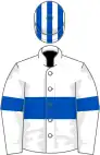 White, royal blue hoop and armlets, striped cap