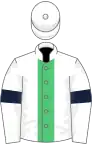 Blanche bande verte, manches blanches brassards gros bleu, toque blanche