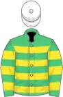 Emerald green and orange hooped, white cap