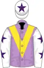 Mauve, gold chevron hoop, white sleeves, purple stars, white cap, purple star