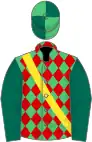 Red, green diamonds, dark green sleeves, green cap, dark green quartered