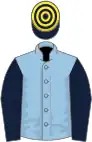 Light blue, dark blue sleeves, dark blue and yellow hooped cap