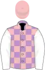 Échiqueté mauve et rose, manches blanches, toque rose