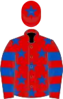 Rouge étoiles bleues roy, manches cerclées rouge et bleu roy, toque rouge une étoile bleu roy