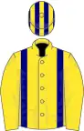 Jaune bretelles gros-bleu, toque rayée du même