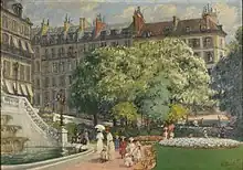 Le square devant l'église de la Trinité est entouré d'immeubles haussmanniens. Autour des jeux d'eau et des fontaines évoluent des femmes et des enfants.