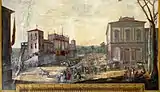 Vue du bâtiment et d'une scène temporaire devant une fresque du Salone delle Feste