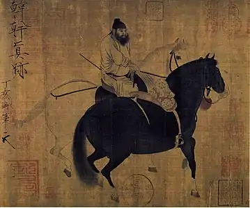 Deux chevaux et palefrenier copie Song d'après Han Gan actif vers 740-760, encre et couleurs sur soie, 27,5&nbsp;×&nbsp;34,1&nbsp;cm. National Palace Museum, Taipei.