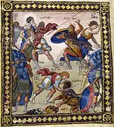 Lutte de David contre Goliath, miniature du Psautier de Paris, Xe siècle.