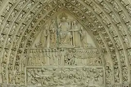 Le tympan du portail du Jugement dernier (XIIIe siècle, linteau XIXe siècle).