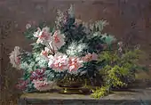 Pivoines et mimosa dans un vase en cuivre, huile sur toile signée en bas à gauche, 114&nbsp;×&nbsp;163&nbsp;cm