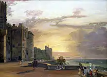Peinture d'une terrasse au crépuscule. Le mur extérieur du château est visible à gauche et la bordure de la terrasse longe un promontoire. Quelques personnages habillés à la mode du XVIIIe siècle se promènent sur la terrasse.