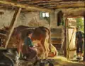 Peder Mørk Mønsted.Intérieur d'étable, vache, laitière et garçon de ferme, 1877.