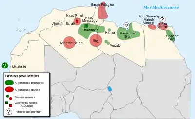 Carte montrant les gisements de pétrole d'Afrique du Nord, de l'Égypte à la Mauritanie.