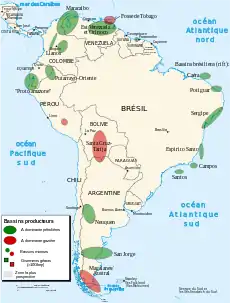 Carte montrant les gisements de pétroles situés en Amérique du Sud.