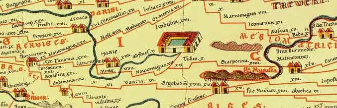 Carte ancienne de la table de Peutinger représentant les deux voies romaines du secteur