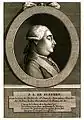 Suffren présenté dans un genre voisin de la précédente illustration, avec la même dédicace, vers 1785.